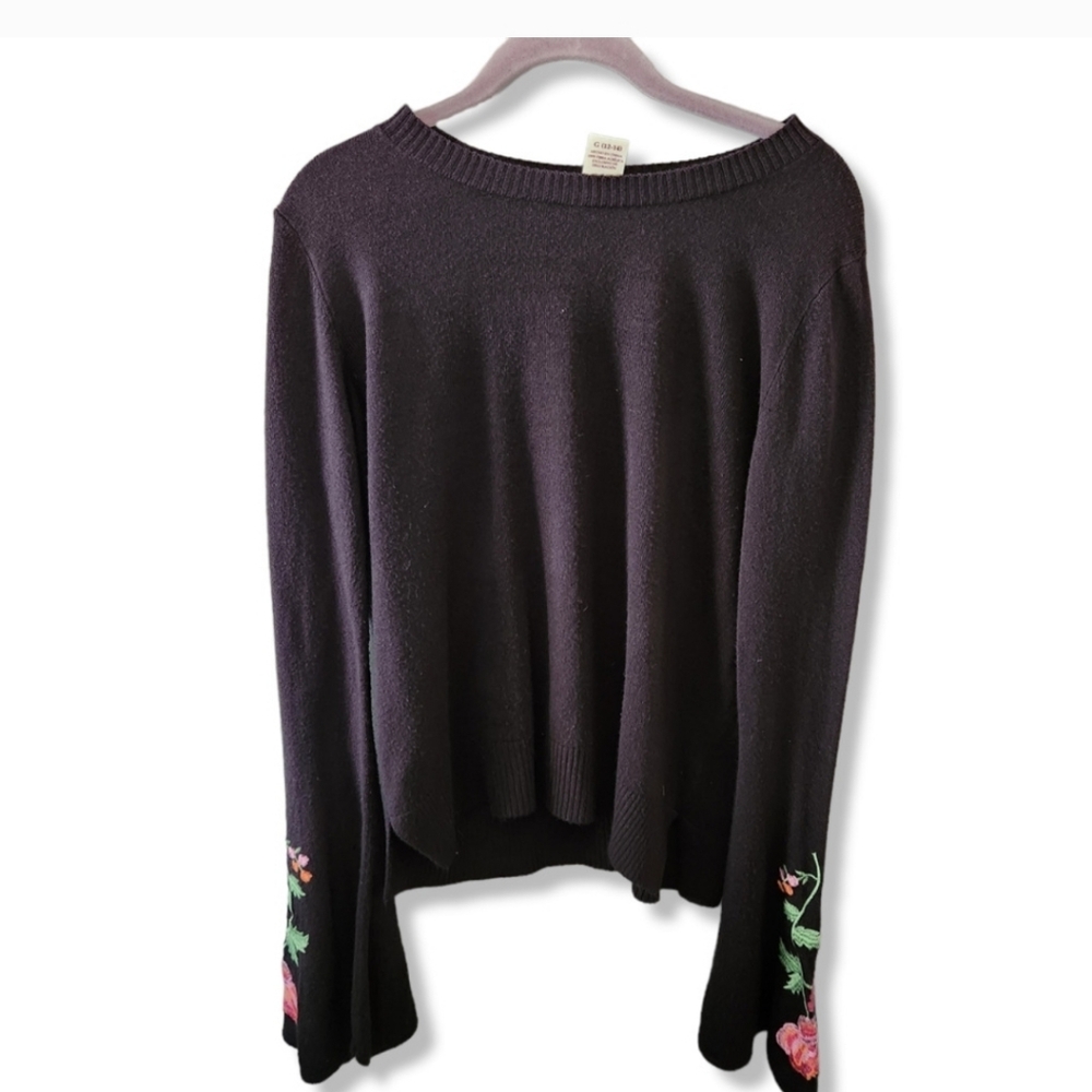Faded Glory Black pink bell sleeve floral witchy cashmere style sweater L